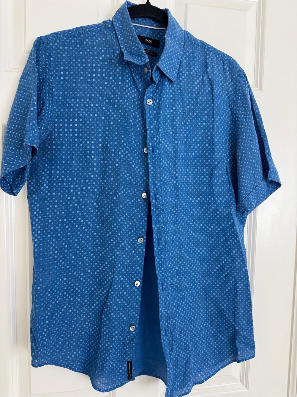 Hugo Boss Blue Short-Sleeve Button-Down with Micro Dot Print